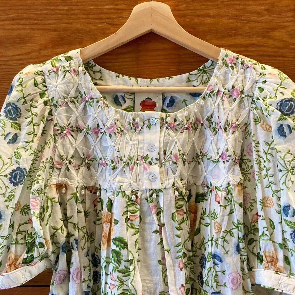 Farm Rio $190 Floral Bead Patterned Folk Blouse Top - Size L - NEW - 0206BS
